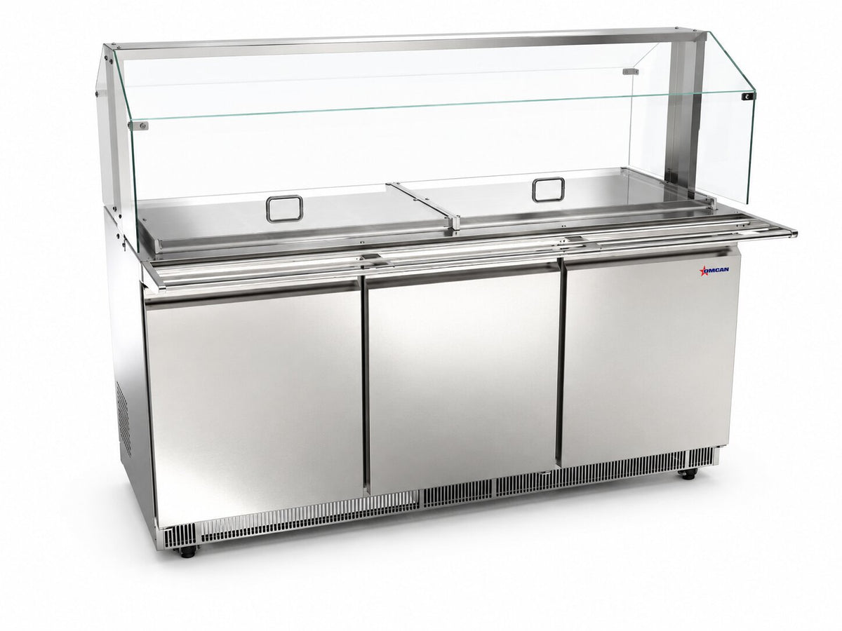 Omcan 50090 72" Stainless Steel Refrigerated Salad Bar / Cold Food Table with Sneeze Guard, Tray Slide and Pan Covers