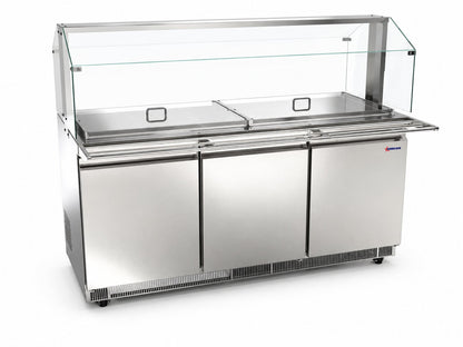 Omcan 50090 72" Stainless Steel Refrigerated Salad Bar / Cold Food Table with Sneeze Guard, Tray Slide and Pan Covers