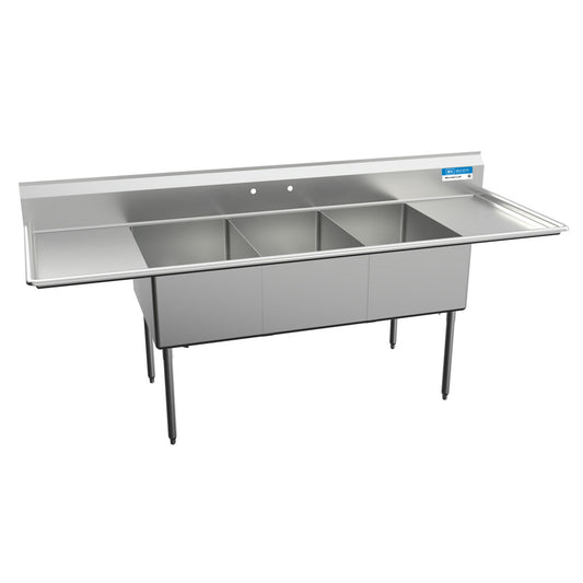 BK Resources BKS-3-2030-12-20T 3-Compartment Stainless Steel Sink w/ Dual 20" Drainboards 30L X 20W X 14D Bowls