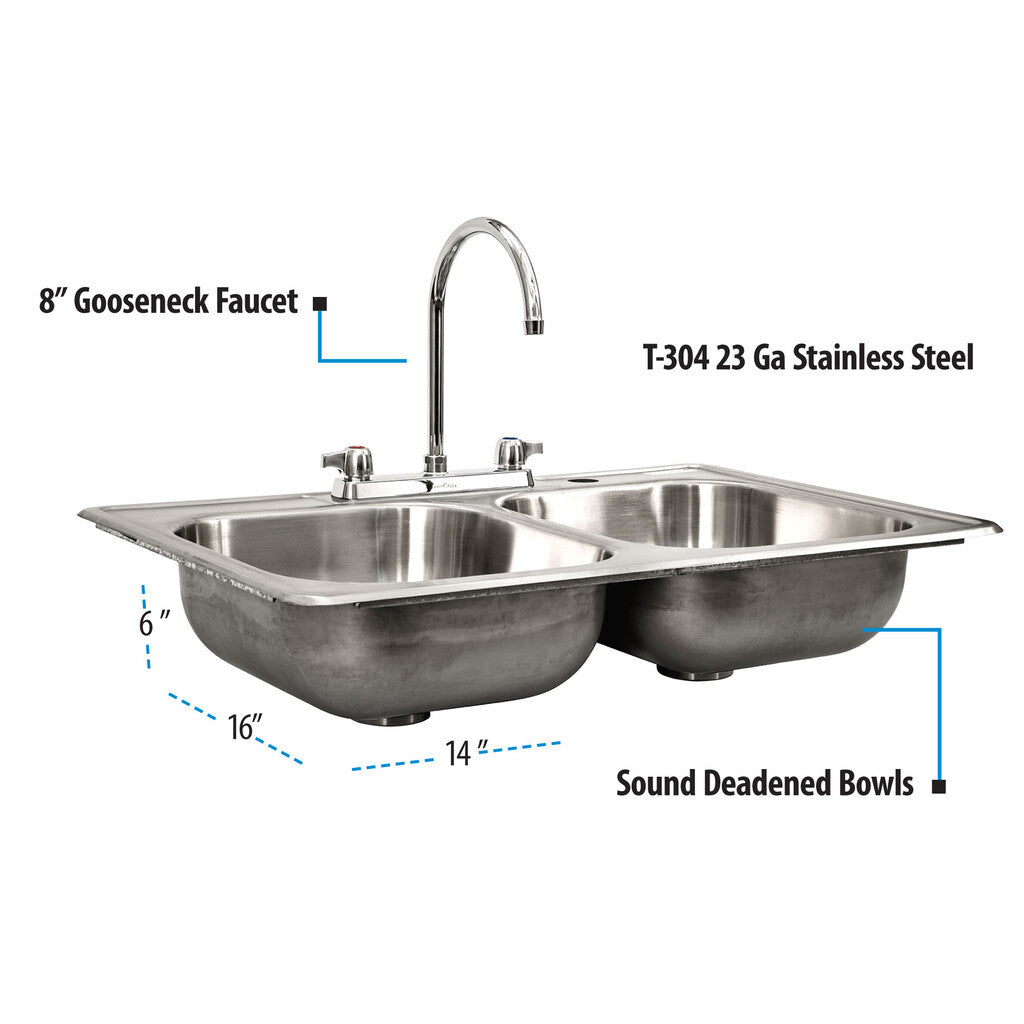 BK Resources DDI2-1416628-P-G 2-Compartment Stainless Steel Dropin Sink 16L X 14W X 6D Bowls No Drains w/ Faucet