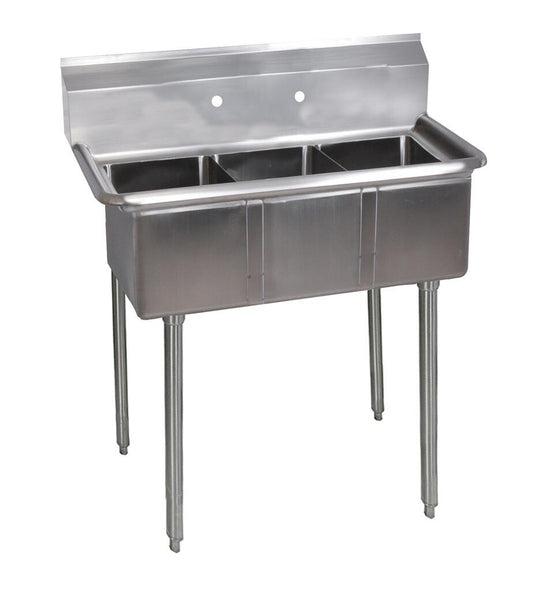 BK Resources BKS-3-1014-10S 3-Compartment Stainless Steel Sink 10X14X10D No DB w/ Stainless Steel Legs & Bracing