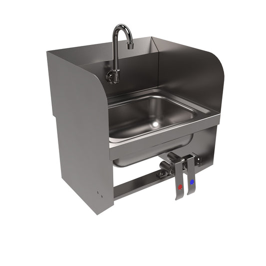 BK Resources BKHS-W-1410-1SSBKKPG Stainless Steel Hand Sink w/ Side Splashes Knee Valve Bracket Faucet 1 Hole 14”x10”x5”