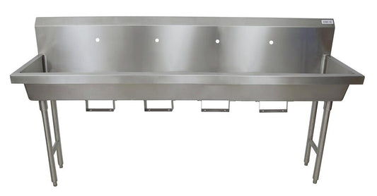 BK Resources MSHS-96F1B 96" 4-Station Stainless Steel Freestanding Handwash Sink, 1 Hole Splash Mount, Bracket