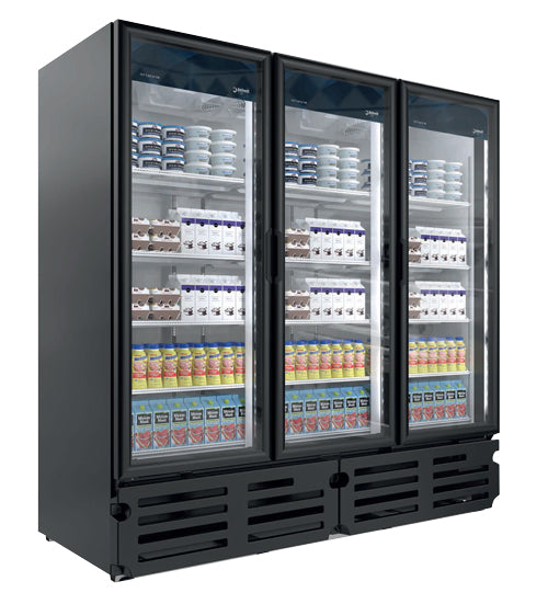 Omcan 45250 71 cu.ft. 12 shelves 79-inch Black Three Swing Glass Door Floor Elite G372 Refrigerator