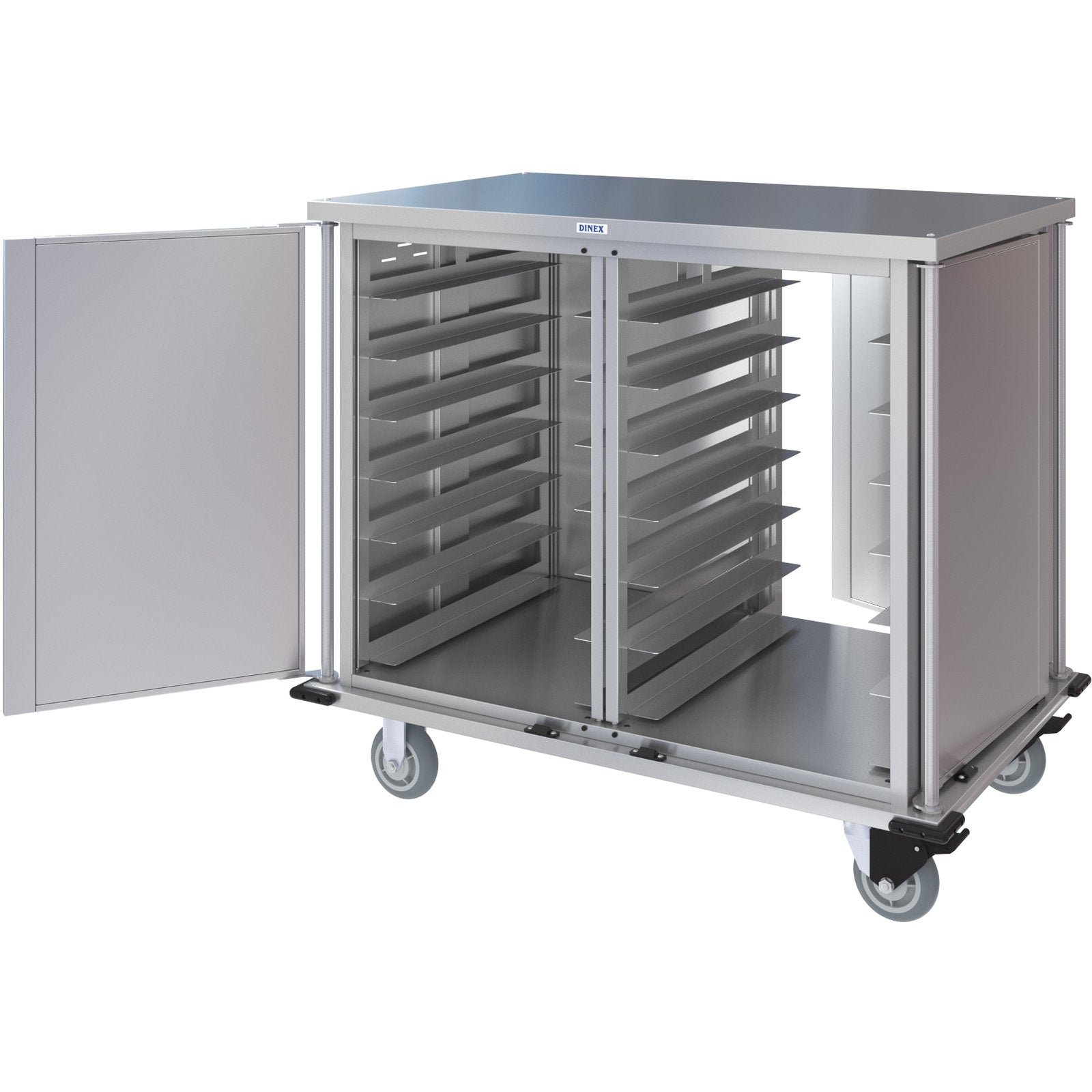 Dinex DXPTQC2T2DPT28 2 Trays Per Slide 28 Trays Double Door Stainless Steel Dinex Totally Quiet Compact Meal Delivery Cart