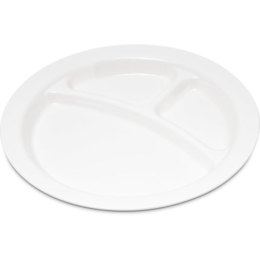 Carlisle PCD22002 9" White 3-Compartment Polycarbonate Narrow Rim Plate