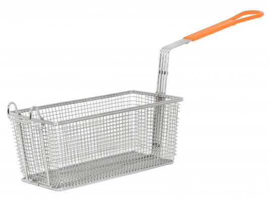 Omcan 80554 12 1/8" x 6 5/16" x 5 5/16" Nickel-Plated Iron Fryer Basket with Orange Handle