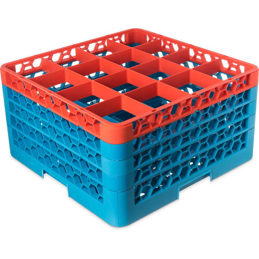 Carlisle RG16-4C412 Orange-Carlisle Blue 16-Compartment Polypropylene OptiClean Divided Glass Rack with 4 Extenders 10.3"