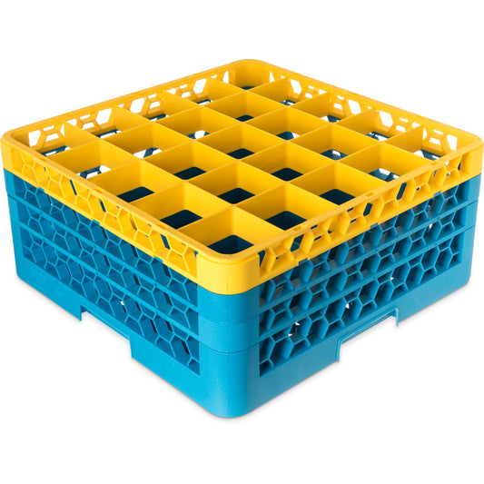 Carlisle RG25-3C411 Yellow-Carlisle Blue 25-Compartment Polypropylene OptiClean Divided Glass Rack with 3 Extenders 8.72"