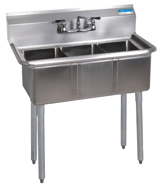 BK Resources BKS-3-1014-10 3-Compartment Stainless Steel Convenience Store Sink w/ 14L X 10W X 10D Bowls