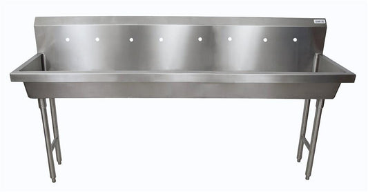 BK Resources MSHS-96F2 96" 4-Station Stainless Steel Freestanding Handwash Sink, 8" O.C. Splash Mount