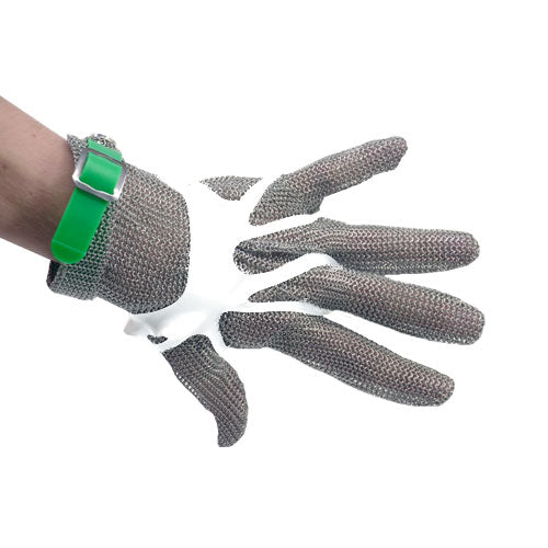 Omcan 44353 Five Finger Extra Large Stainless Steel Mesh Glove with Green Silicone Strap