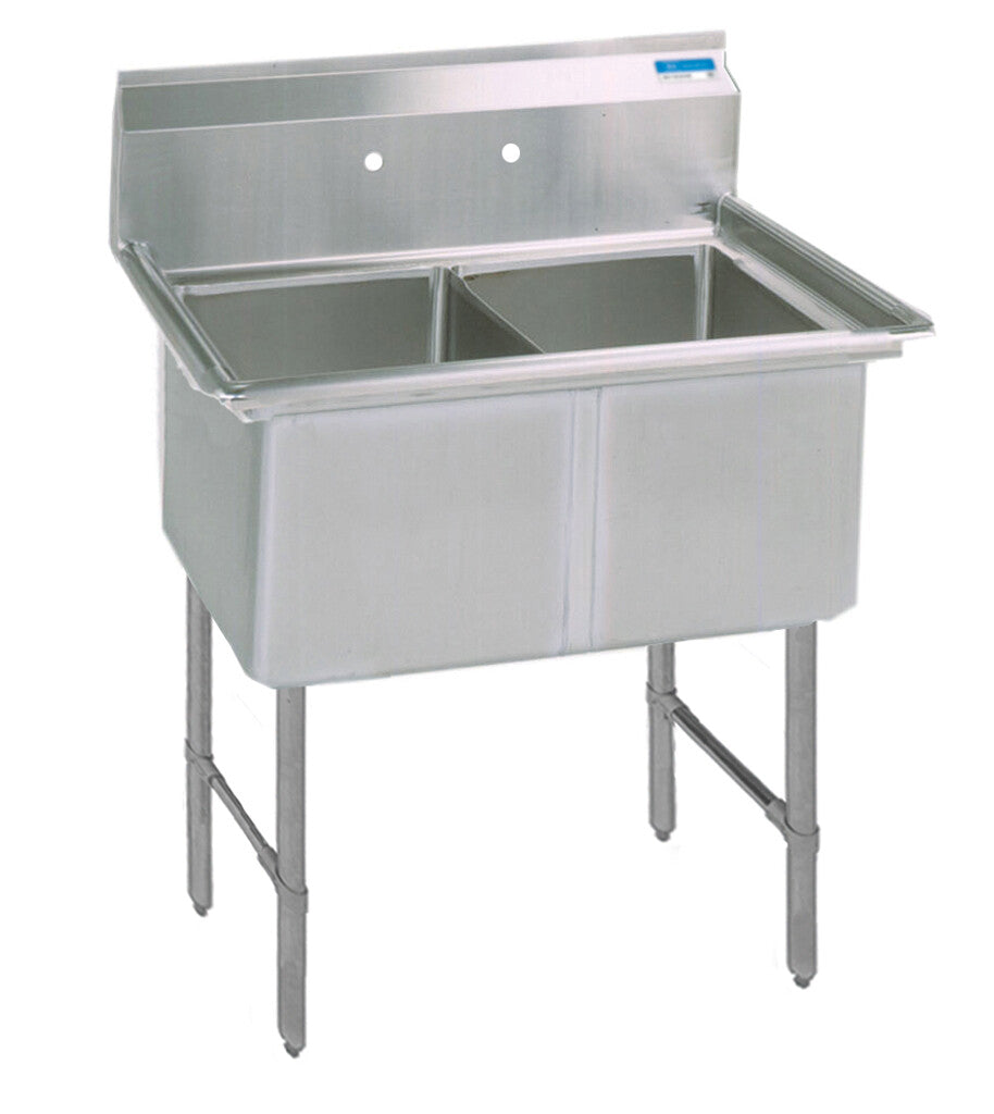 BK Resources BKS-2-1620-12S 2-Compartment Stainless Steel Sink 16X20X12D No DB w/ Stainless Steel Legs & Bracing