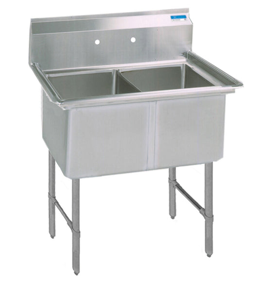 BK Resources BKS-2-1620-12S 2-Compartment Stainless Steel Sink 16X20X12D No DB w/ Stainless Steel Legs & Bracing