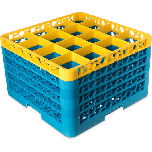 Carlisle RG16-5C411 Yellow-Carlisle Blue 16-Compartment Polypropylene OptiClean Divided Glass Rack with 5 Extenders 11.9"