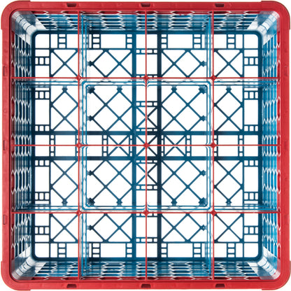 Carlisle RG16-4C410 Red-Carlisle Blue 16-Compartment Polypropylene OptiClean Divided Glass Rack with 4 Extenders 10.3"