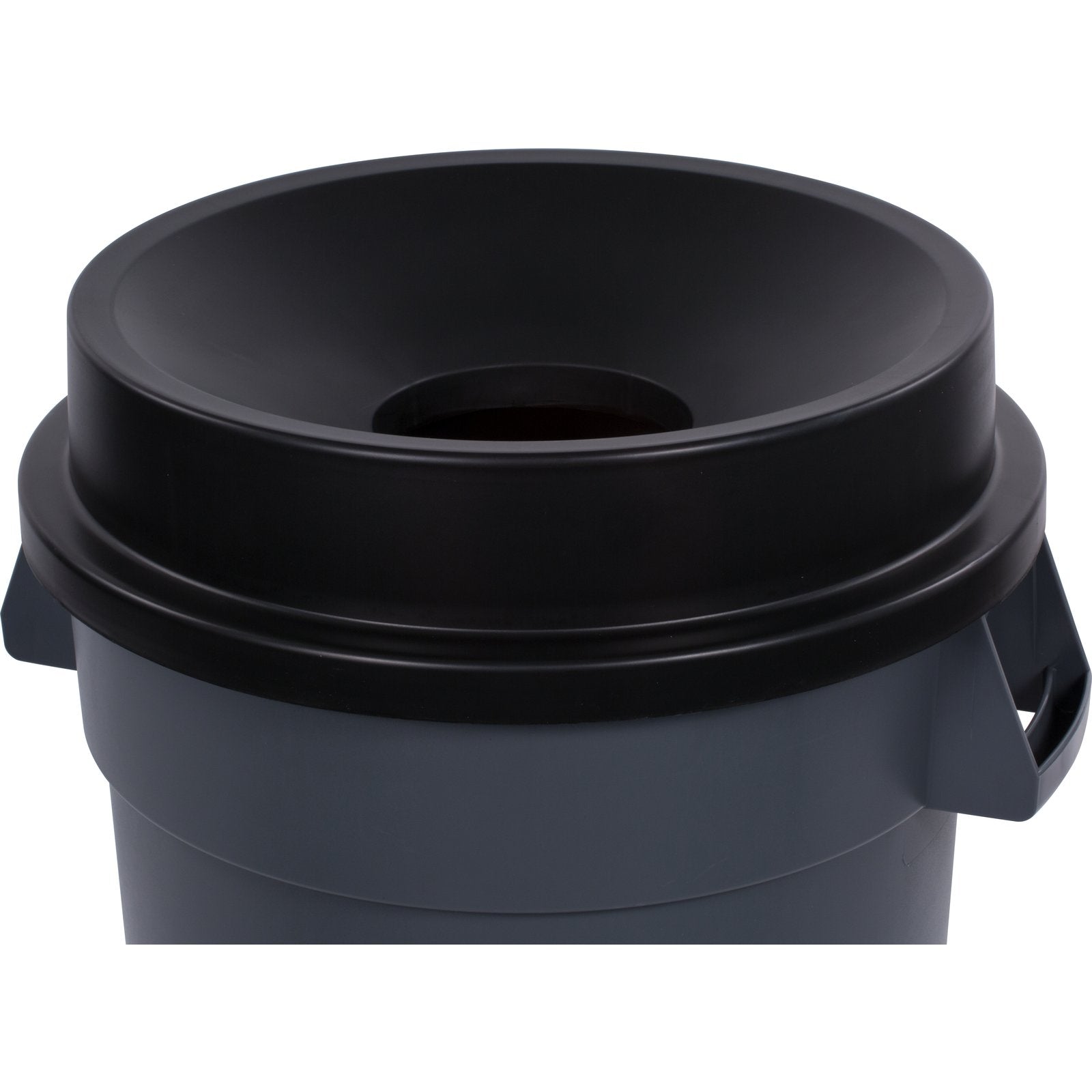 Carlisle 34103503 32 Gallon Black Round Polyethylene Bronco Waste Bin Trash Container Funnel Lid