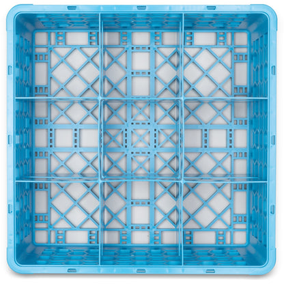 Carlisle RG9-214 Carlisle Blue 9-Compartment Polypropylene OptiClean Divided Glass Rack with 2 Extenders 7.12"