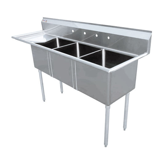 Omcan 43786 24" x 24" x 14" Three Tub Stainless Steel Sink with 3.5" Center Drain and Left Drain Board