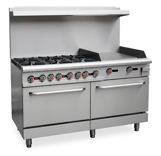 Omcan 46028 60-inch Gas Six Burner Commercial Range with 24-inch Griddle and 2 Ovens