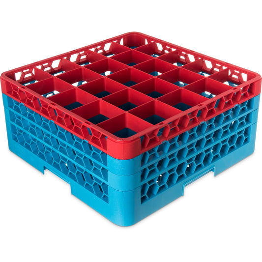 Carlisle RG25-3C410 Red-Carlisle Blue 25-Compartment Polypropylene OptiClean Divided Glass Rack with 3 Extenders 8.72"