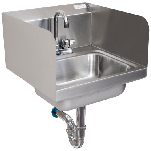 BK Resources BKHS-D-1410-SS-PT-G Stainless Steel Hand Sink w/ Side Splashes, Faucet P-Trap 2 Holes