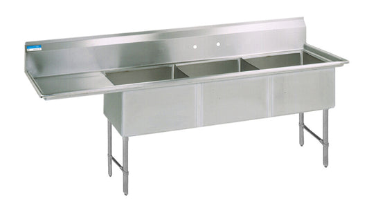 BK Resources BKS6-3-1620-14-18LS 3-Compartment Stainless Steel Sink 10" Riser Left Drainboard 20L X 16W X 14D Bowls