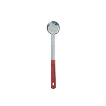 Omcan 80782 2 oz. One-Piece Red Handle Stainless Steel Perforated Portion Control Spoon