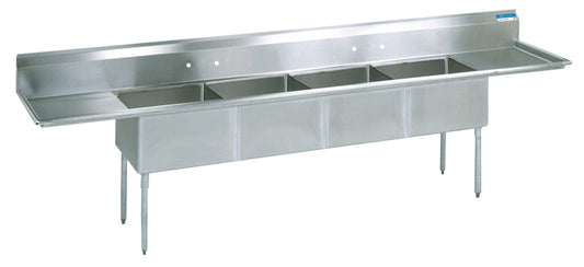BK Resources BKS-4-1620-14-18TS 4-Compartment Stainless Steel Sink 16X20X14D 2-18" DB w/ Stainless Steel Legs & Bracing