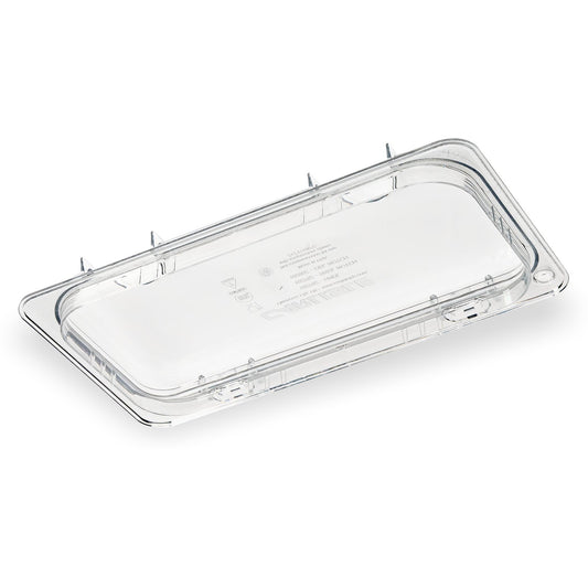 Carlisle 10280Z07 1/3 Size Clear StorPlus EZ Access Hinged Notched Universal Food Pan Lid
