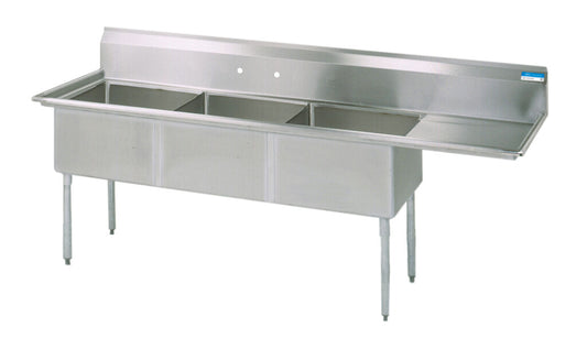 BK Resources BKS-3-1620-12-18R 3-Compartment Stainless Steel Sink w/ Right Drainboard 20L X 16W X 12D Bowls