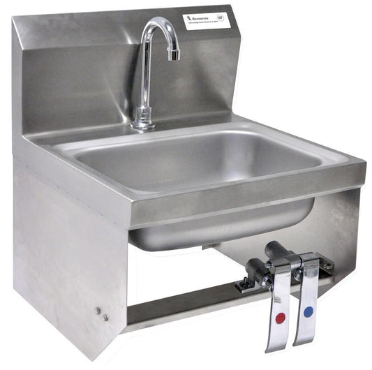 BK Resources BKHS-D-1410-1-BKK-PG 17" X 17" Stainless Steel Wall-Mount Hand Sink with Double Knee Valve and Gooseneck Faucet with Base