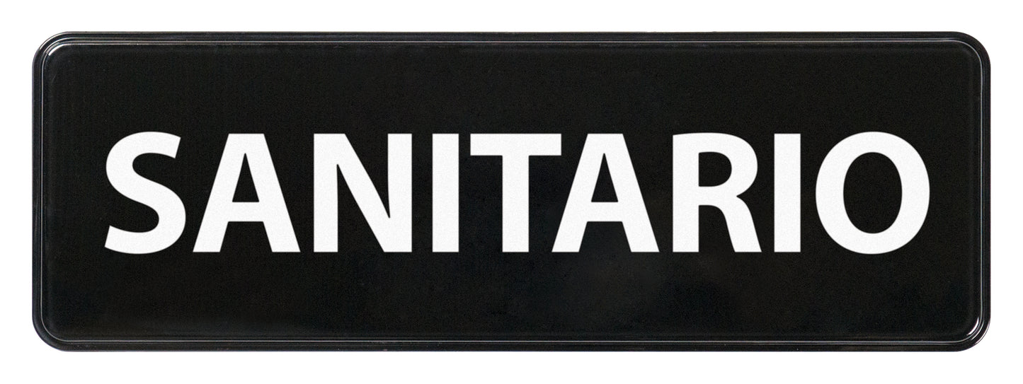 Winco SGN-367 3" x 9" Black Information Sign (Spanish) - "Sanitize"