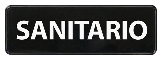 Winco SGN-367 3" x 9" Black Information Sign (Spanish) - "Sanitize"