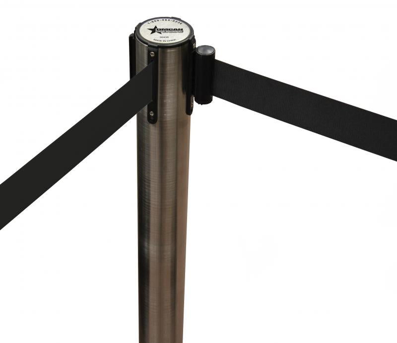 Omcan 30438 Stainless Steel Crowd Control System with Black Rectractable Belt Barrier