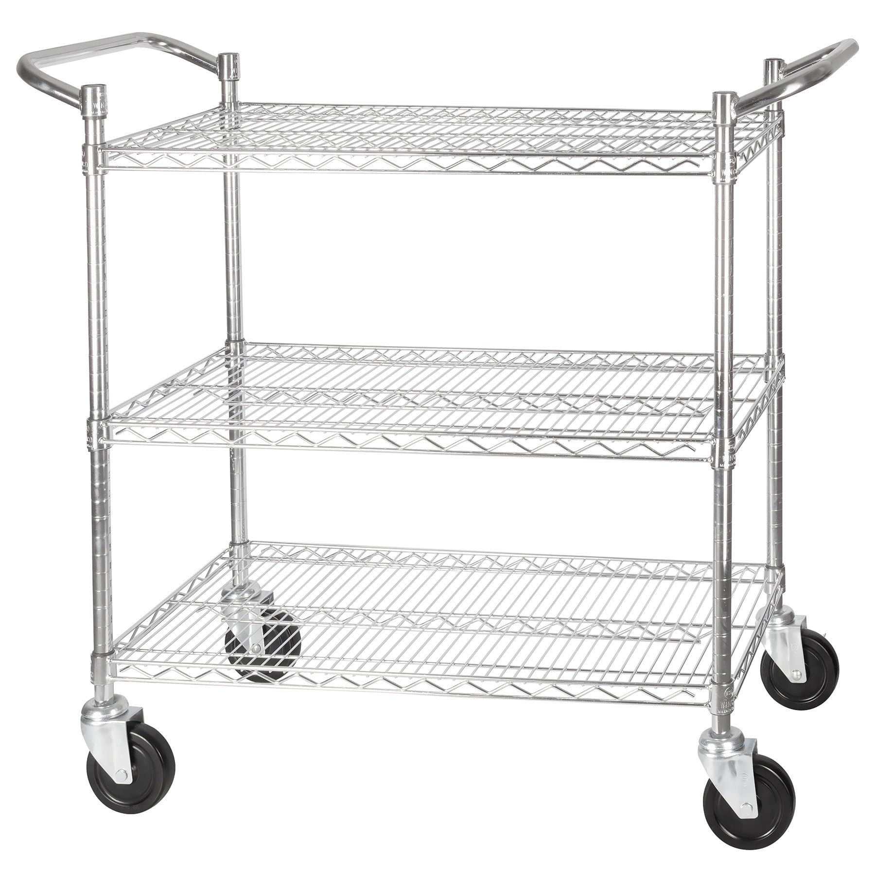 Winco VCCD-1836B 18"x36" Chrome-Plated 3-Tier Wire Shelving Cart, Double Handle w/ Brake