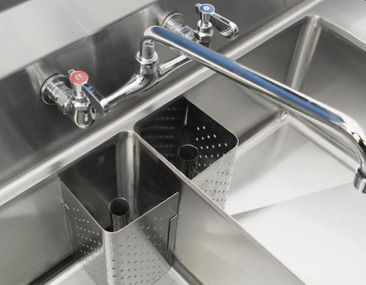 Omcan 43775 18" x 21" x 14" Three Tub Sink with 3.5" Center Drain and Left Drain Board