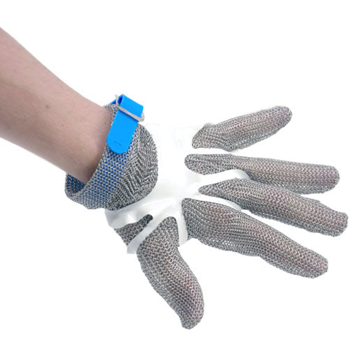 Omcan 44350 Five Finger Stainless Steel Mesh Glove with Blue Silicone Strap