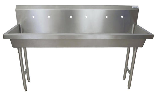 BK Resources MSHS-72F2 72" 3-Station Stainless Steel Freestanding Handwash Sink, 8" O.C. Splash Mount