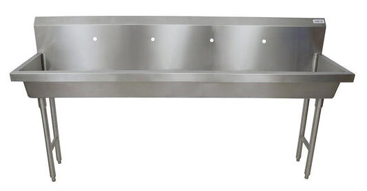 BK Resources MSHS-96F1 96" 4-Station Stainless Steel Freestanding Handwash Sink, Single Hole Splash Mount