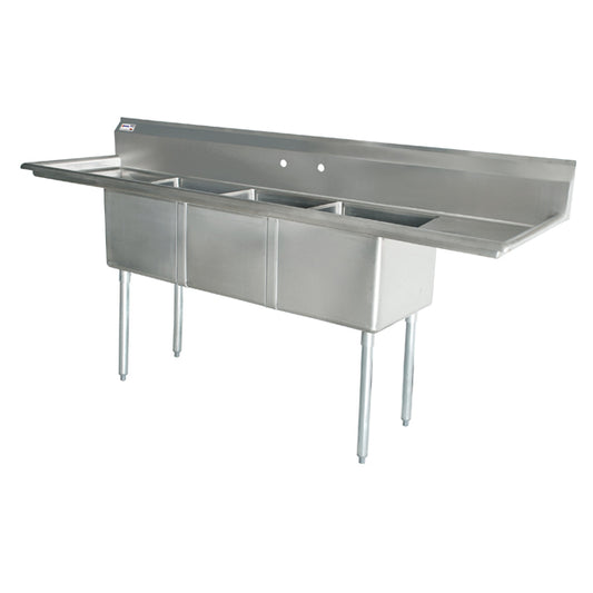 Omcan 43756 10" x 14" x 10" Three Tub Sink with 3.5" Center Drain and Two Drain Boards
