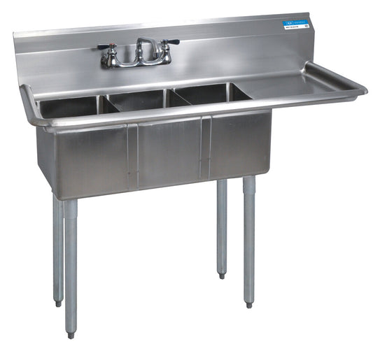 BK Resources BKS-3-1014-10-15R 3-Compartment Stainless Steel Convenience Store Sink 15" Right Drainboard 14L X 10W X 10D Bowls