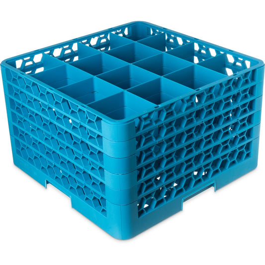 Carlisle RG16-514 Carlisle Blue 16-Compartment Polypropylene OptiClean Divided Glass Rack with 5 Extenders 11.9"