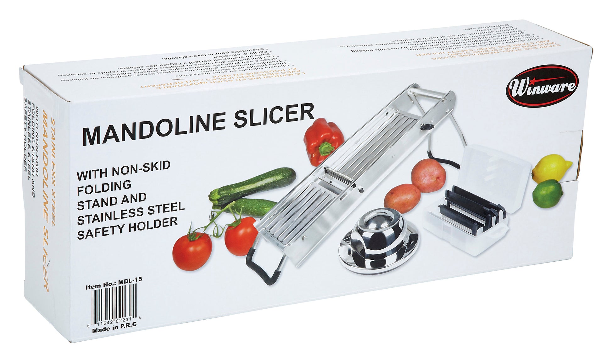 Winco MDL-15 Stainless Steel Mandoline Slicer Set w/ Handguard