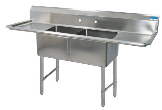 BK Resources BKS6-2-24-14-24TS 2-Compartment Stainless Steel Sink 10" Riser & Drainboards 24L X 24W X 14D Bowls