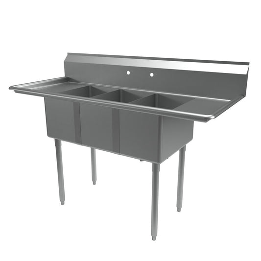 BK Resources BKS-3-1220-12-12T 3-Compartment Stainless Steel Convenience Store Sink Dual 12" Drainboards 20L X 12W X 12D Bowls