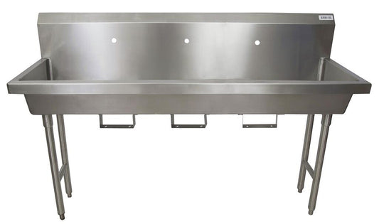 BK Resources MSHS-72F1B 72" 3-Station Stainless Steel Freestanding Handwash Sink,1 Hole Splash Mount, Bracket