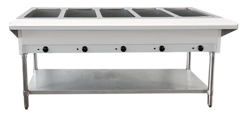 Omcan 47345 Gas 5 Pan Open Well Steam Table with Cutting Board and Undershelf