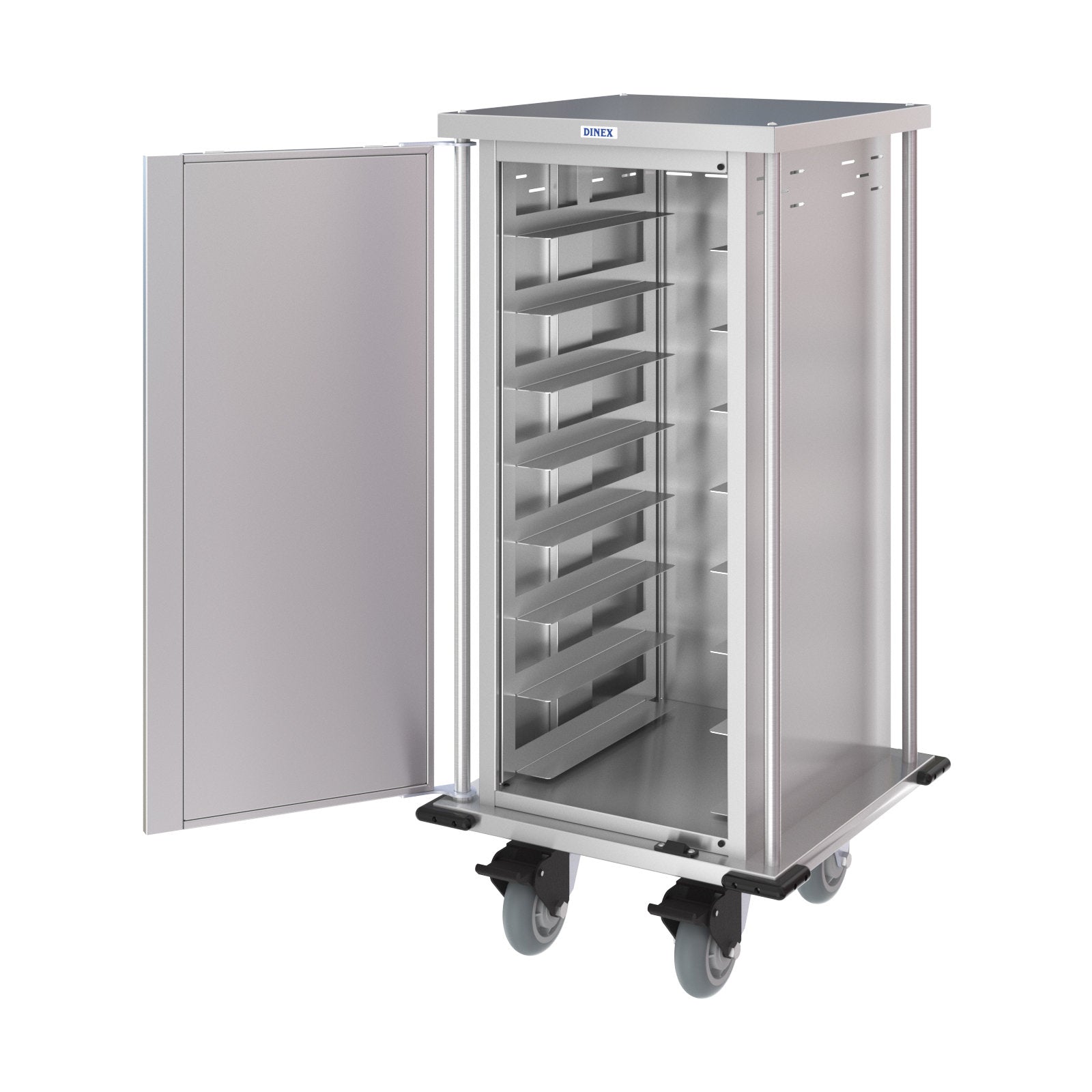 Dinex DXPTQC1T1D8 1 Tray Per Slide 8 Trays Single Door Stainless Steel Totally Quiet Compact Meal Delivery Cart