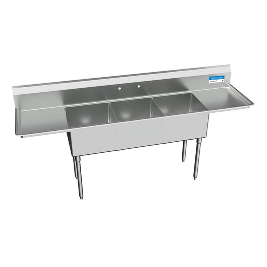 BK Resources ES-3-18-12-18T 3-Compartment Stainless Steel Economy Sink Dual 18" Drainboards 18L X 18W X 12D Bowls
